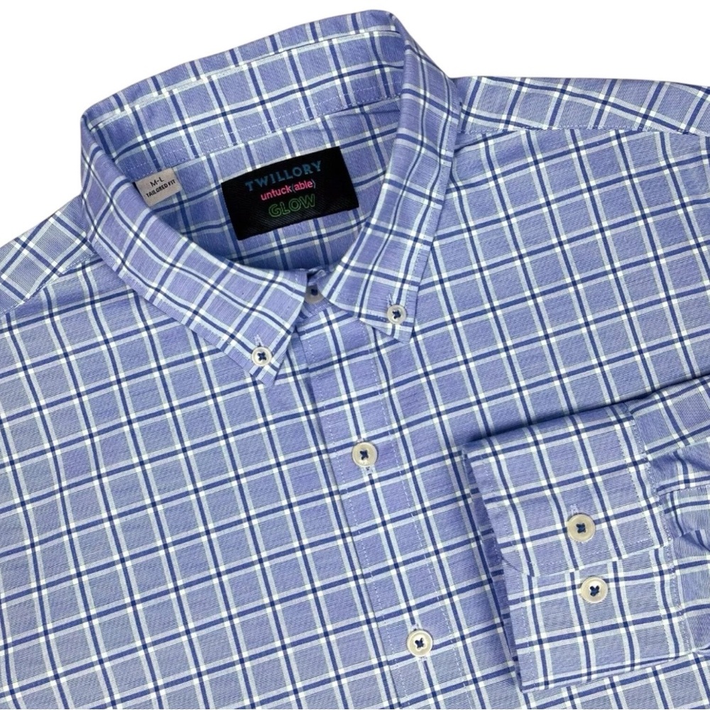 Twillory Shirt Mens Medium Stretch Button Down Blue Plaid Untuckable Glow Golf